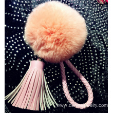 Leather Tassel Pendant Rabbit Pom Pom Ball Keyring For Woman